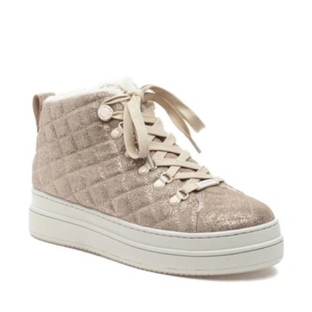NEW  J/Slides NYC Platform Golden Quilted Suede Lace Up Faux Fur Sneakers 196TN